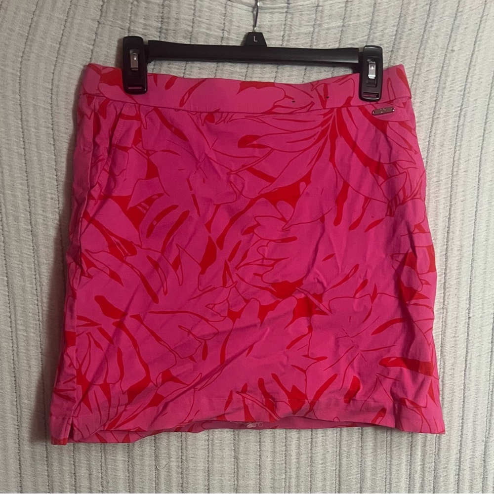 Rafaella Pink and Red Leaf Print Mini Skirt